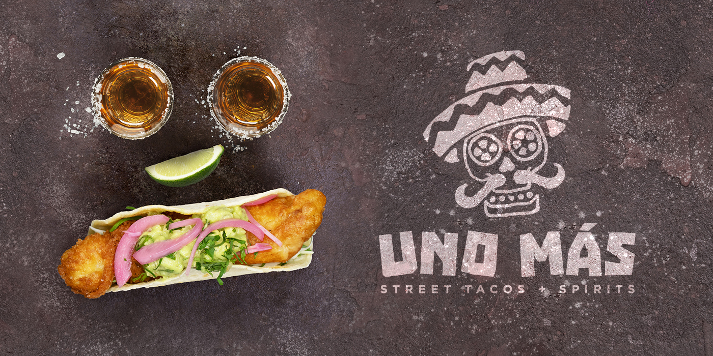 Uno Mas graphic featuring Uno Mas logo and food.