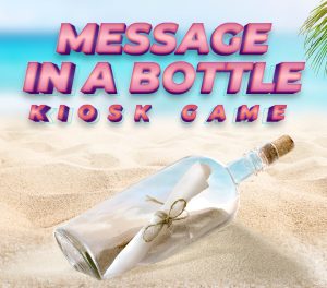 Message In A Bottle Kiosk Game creatives showing a note in a glass bottle on the beach