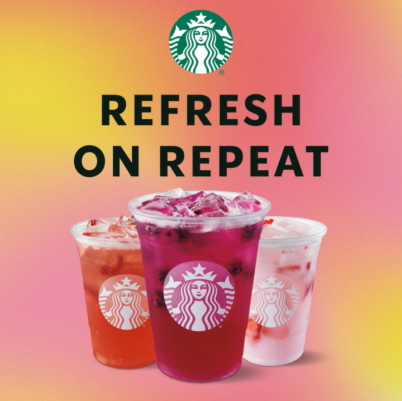 Starbucks visual featuring 3 Grande size refresher summer drinks for 2022. It says Refresh On Repeat with the Starbucks icon and the 3 fruit drinks