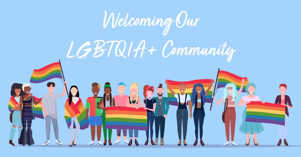 creative for LGBTQIA community showing animated people with rainbow flags