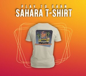 SAHARA branded 70th anniversary t-shirt with a red and orange gradient background