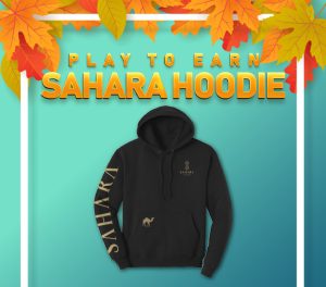 SAHARA hoodie that is black with gold text and a camel