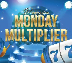 Progressive Monday Multiplier showing 7's with a blue and gold theme