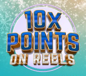 10x points on reels creative showing the copy over a teal and gold textured background