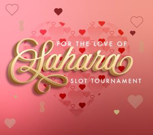 For The Love Of SAHARA slot tournamanet creatives showing the titel with hearts and a pink esthetic
