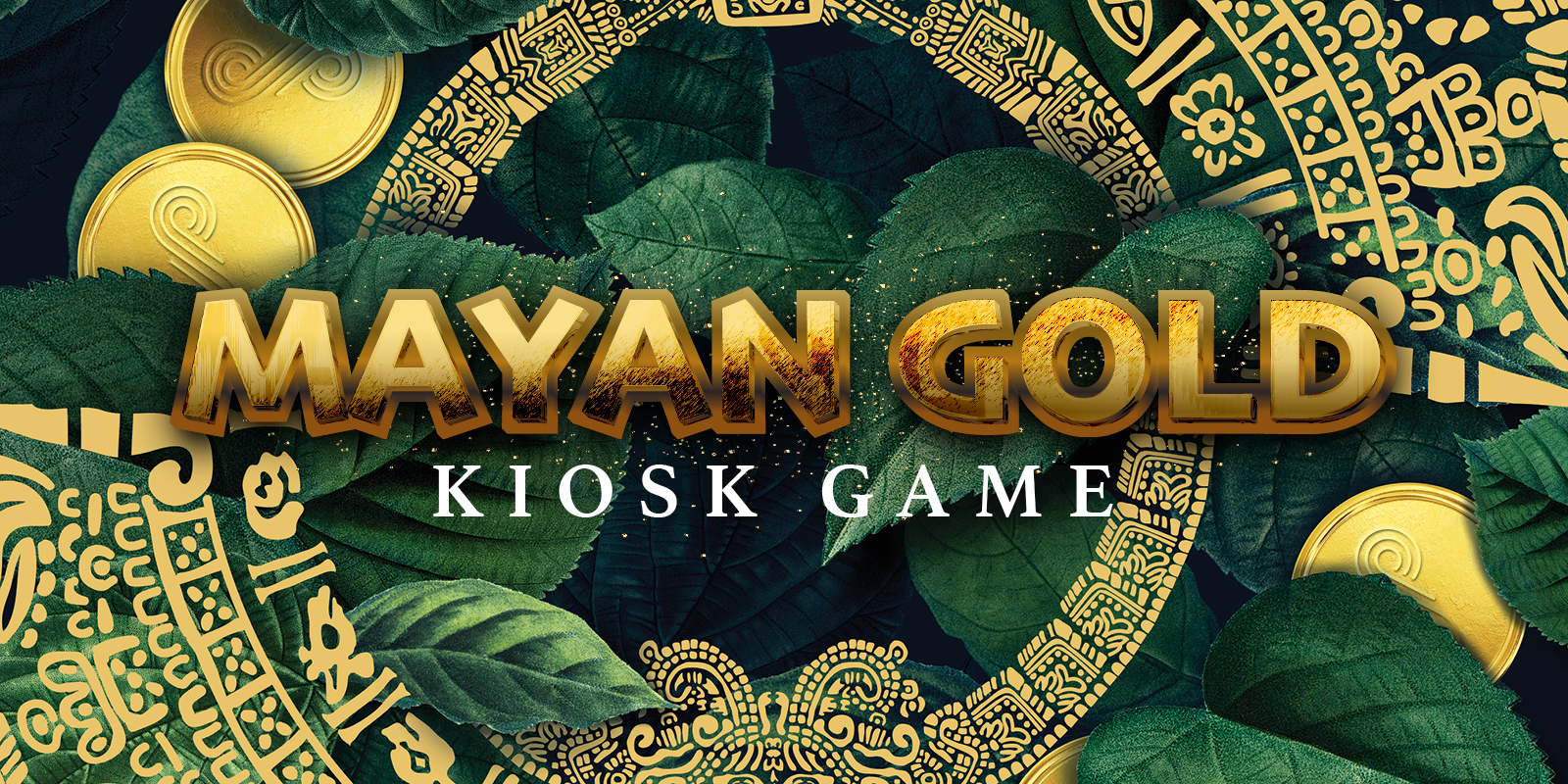 Mayan Gold Kiosk Game creative that shows greenery and gold accents with a Mayan theme