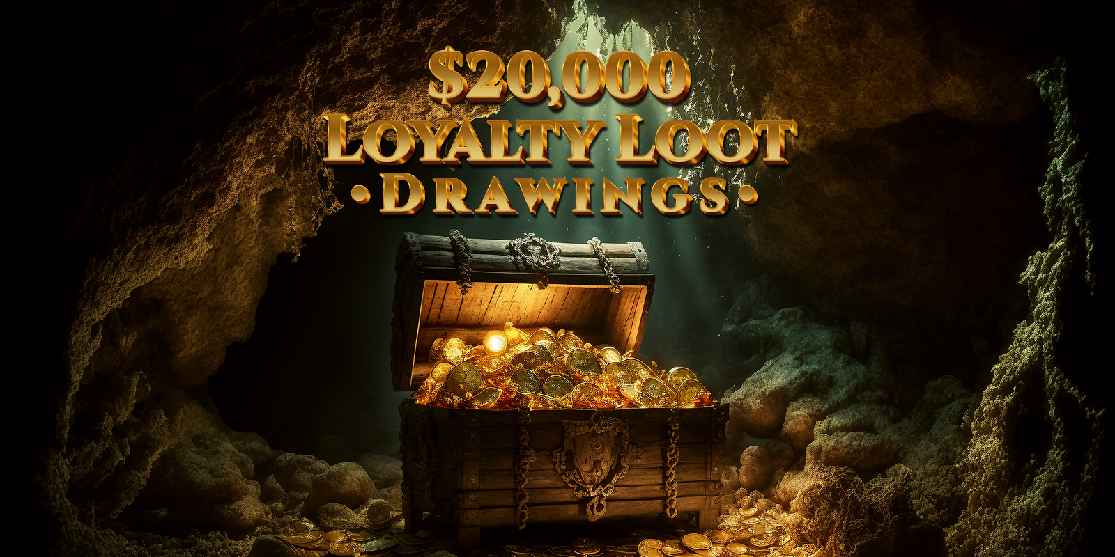 $20,000 Loyalty Loot Drawings showing a trunk full of coins in a cave