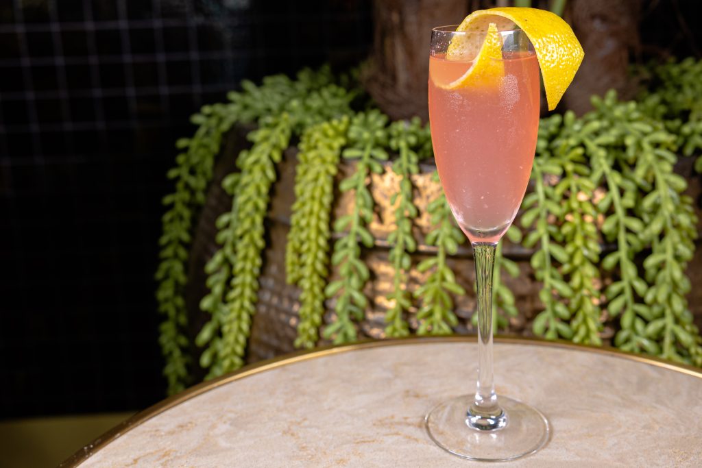 a flute glass featured cocktail with a lemon twist on a table in front of a plant