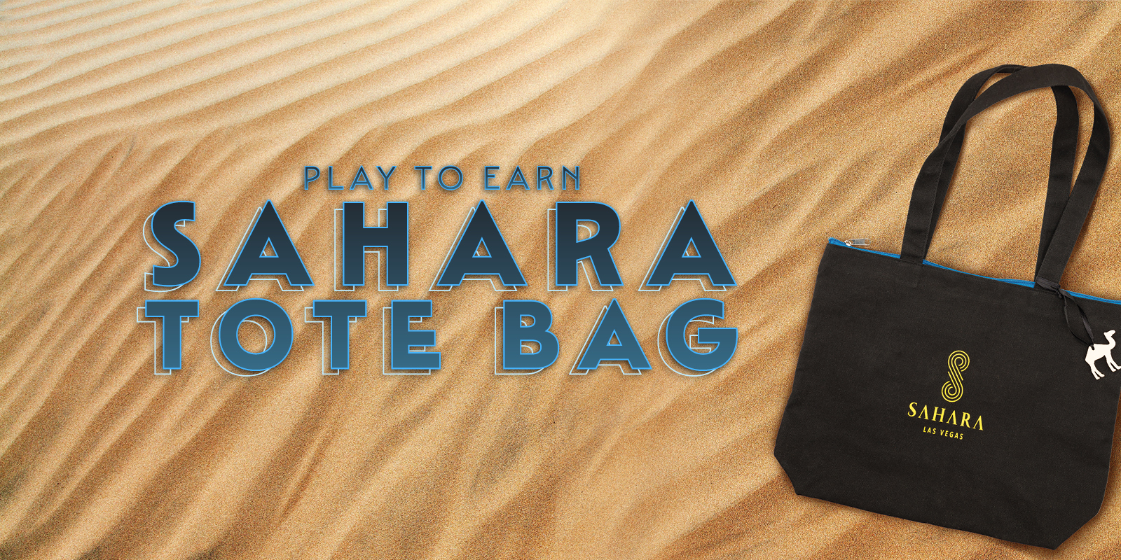 Play to earn SAHARA tote bag creative showing a black branded bag and a sand background