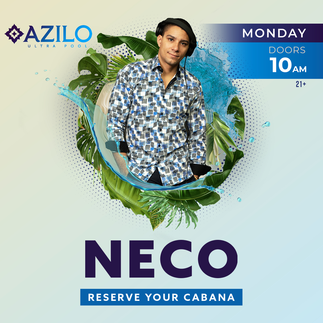 DJ Neco live at AZILO Ultra Pool wearing a button up printed shirt with headphones on.