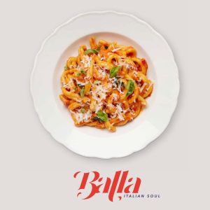 A Culinary Journey - The Cassarece pasta at Balla Italian Soul, in a white bowl with a white background with the Balla logo.