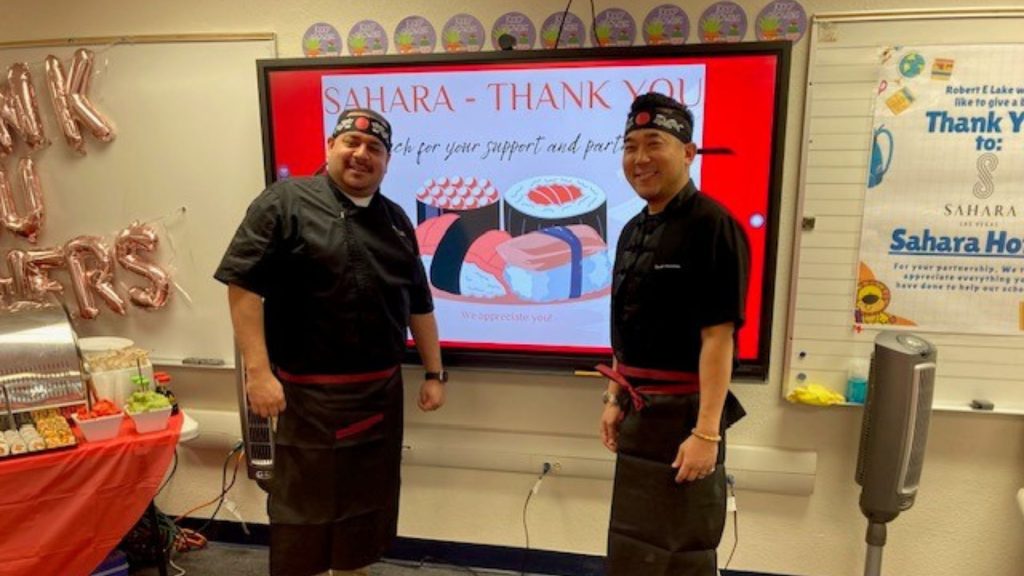 Two SAHARA food and beverage employees dressed as sushi chefs, during teacher appreciation week.