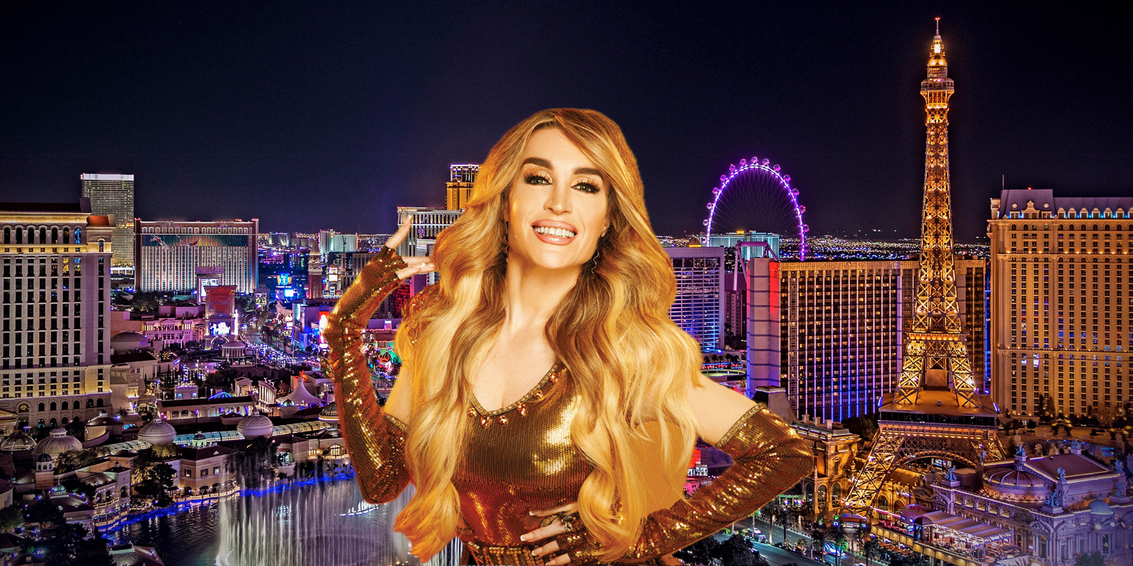 graphic of fatima with vegas skyline behind her