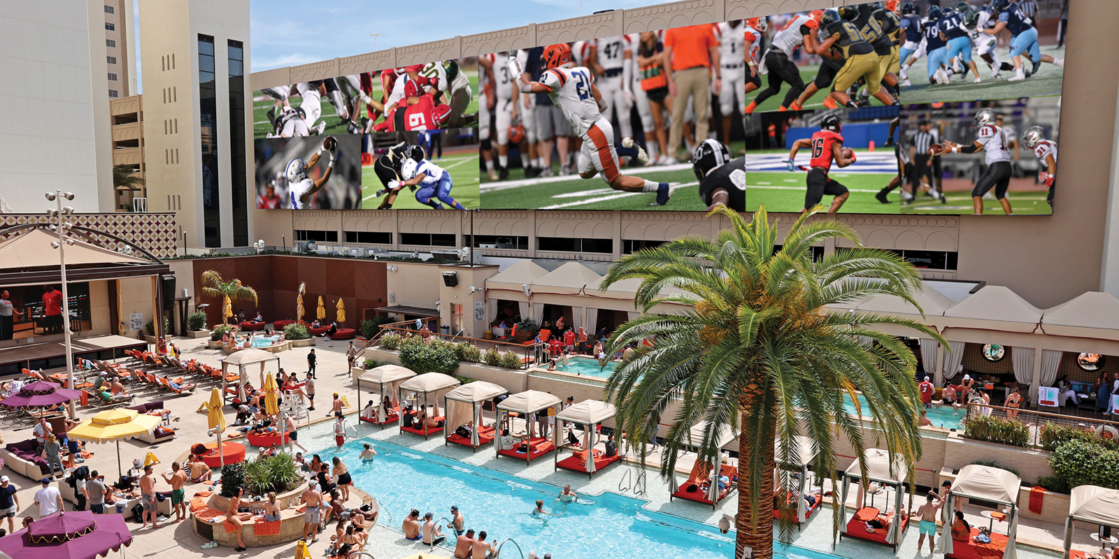 football viewing at the pool showing the screens and football